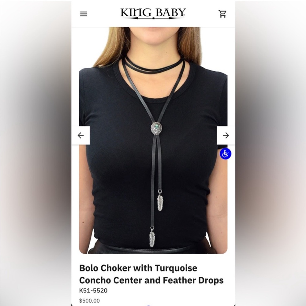 King Baby Studio Black Leather Bolo Choker with Turquoise Concho & Feather Drops